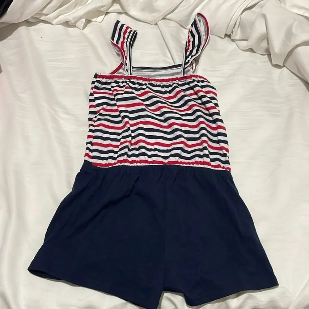 Children place 5/6 S red white blue romper sequined star ruffled sleeve euc